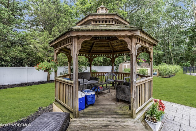 16 Bridge Ct, Jackson, NJ 08527 - deck with a storage shed, a fenced backyard, an outdoor living space, a gazebo, and view of wooded area