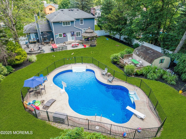 16 Bridge Ct, Jackson, NJ 08527 - view of swimming pool featuring a gazebo, a diving board, a fenced backyard, outdoor dining area, and a patio area