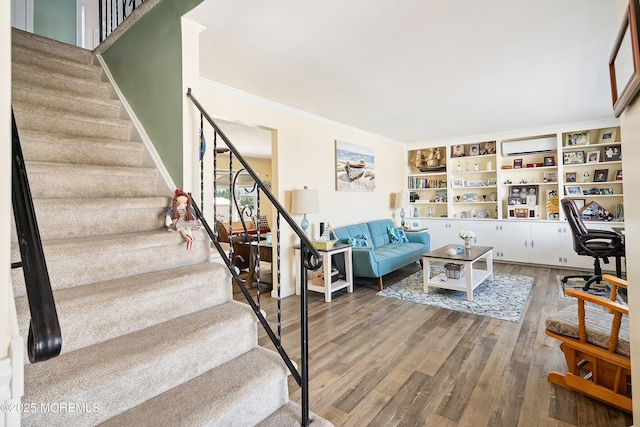 8 S Boston Dr, Little Egg Harbor, NJ 08087 - living room featuring stairs, wood finished floors, and ornamental molding