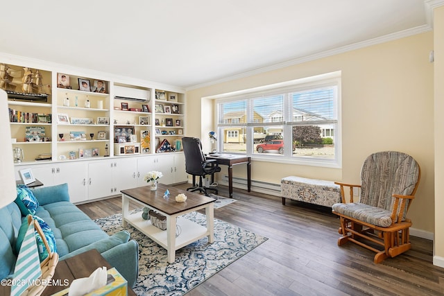 8 S Boston Dr, Little Egg Harbor, NJ 08087 - living area featuring baseboard heating, ornamental molding, hardwood / wood-style flooring, a desk, and an AC wall unit