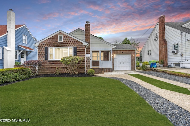 292 Washington Rd, Sayreville, NJ 08872 - view of front of home featuring brick siding, driveway, a front yard, an attached garage, and a chimney