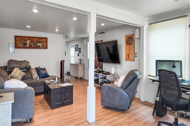 36 W Point Pleasant Ave, Ocean Gate, NJ 08740 - living area featuring ornate columns, light wood-style floors, a desk, and recessed lighting