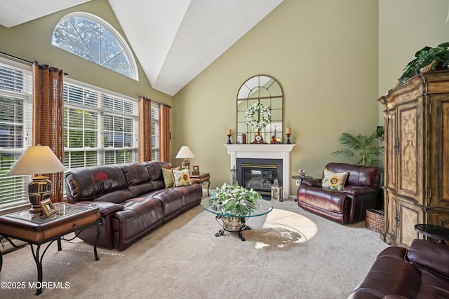21 Orchid Ln, Barnegat, NJ 08005 - living room featuring high vaulted ceiling, light carpet, and a glass covered fireplace
