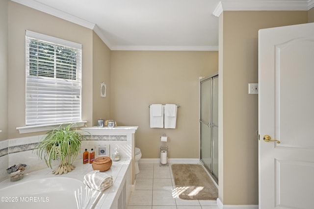 21 Orchid Ln, Barnegat, NJ 08005 - bathroom with crown molding, a stall shower, tile patterned floors, and vanity
