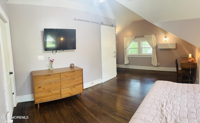 357 Boland Ave, Brick, NJ 08724 - bedroom with an AC wall unit, wood finished floors, a barn door, and lofted ceiling