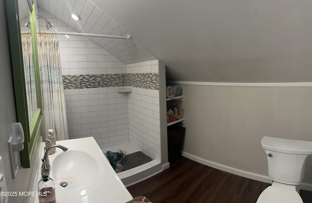 357 Boland Ave, Brick, NJ 08724 - full bathroom with vaulted ceiling, a stall shower, wood finished floors, and vanity