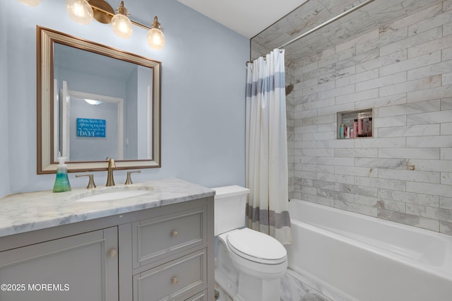 315 Shuster Ave, Ortley Beach, NJ 08751 - full bathroom featuring vanity, shower / tub combo with curtain, and marble look tile flooring