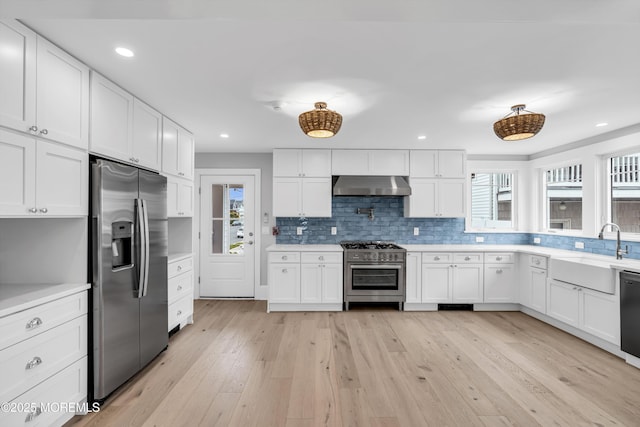 900 Ocean Ave, Bradley Beach, NJ 07720 - kitchen featuring appliances with stainless steel finishes, exhaust hood, light countertops, backsplash, and white cabinetry