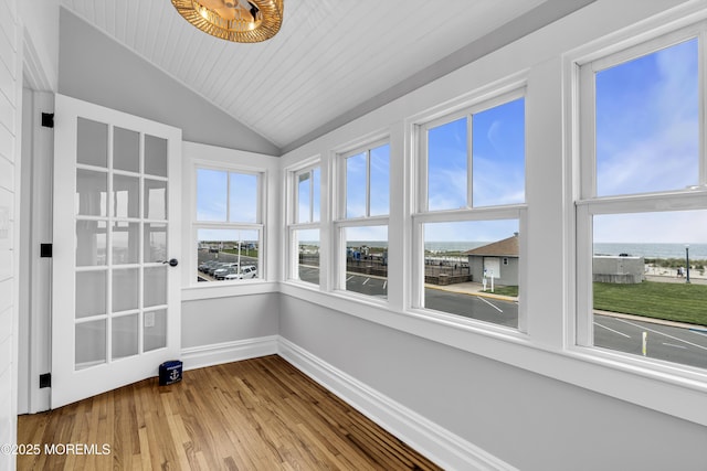 900 Ocean Ave, Bradley Beach, NJ 07720 - unfurnished sunroom with vaulted ceiling, wood finished floors, a water view, and wooden ceiling