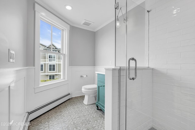 900 Ocean Ave, Bradley Beach, NJ 07720 - full bathroom featuring a baseboard radiator, ornamental molding, a stall shower, wainscoting, and vanity