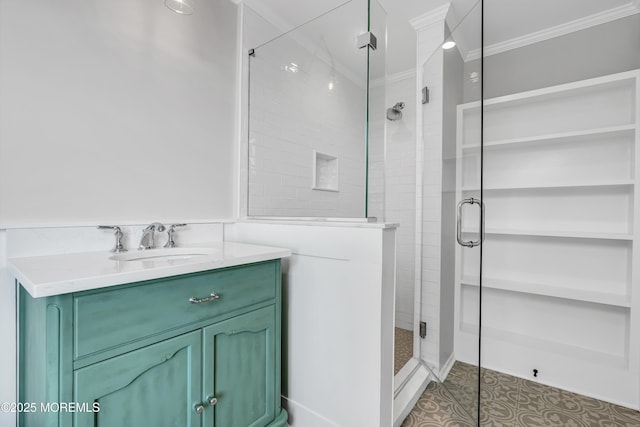 900 Ocean Ave, Bradley Beach, NJ 07720 - bathroom with a stall shower, vanity, tile patterned flooring, and crown molding