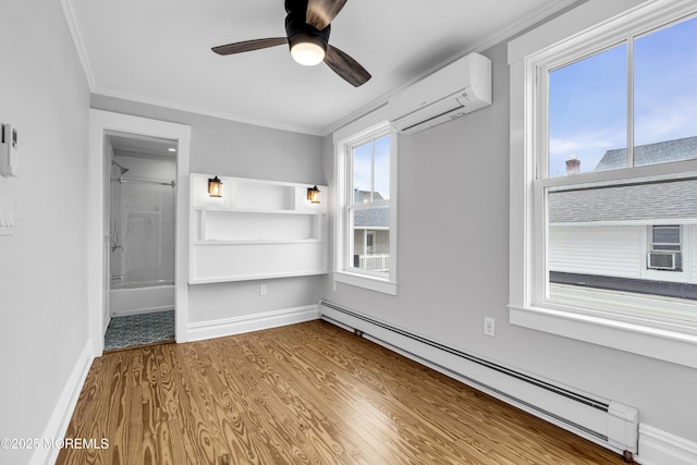 900 Ocean Ave, Bradley Beach, NJ 07720 - unfurnished room with a baseboard heating unit, an AC wall unit, a ceiling fan, ornamental molding, and wood finished floors
