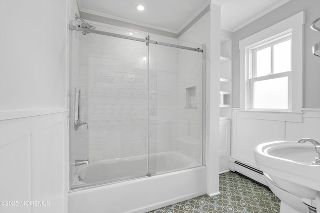 900 Ocean Ave, Bradley Beach, NJ 07720 - bathroom featuring crown molding, shower / bath combination with glass door, a baseboard heating unit, and tile patterned floors