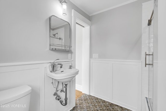 900 Ocean Ave, Bradley Beach, NJ 07720 - full bath with ornamental molding, a decorative wall, a wainscoted wall, and a shower