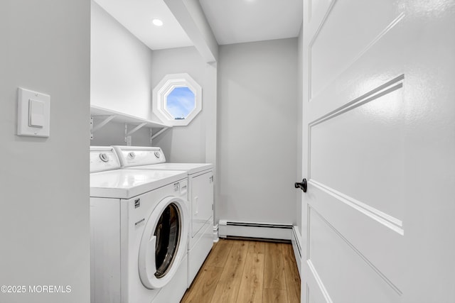900 Ocean Ave, Bradley Beach, NJ 07720 - washroom with a baseboard heating unit, washing machine and dryer, light wood-type flooring, and recessed lighting
