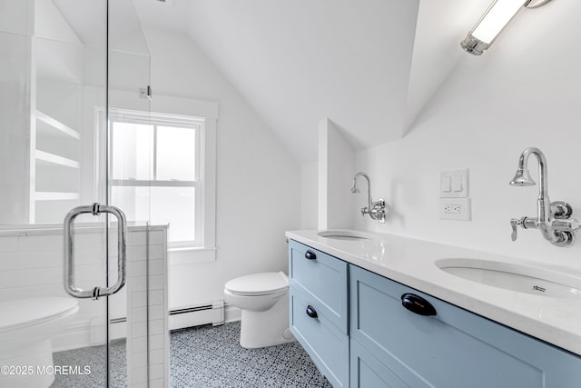 900 Ocean Ave, Bradley Beach, NJ 07720 - bathroom with vaulted ceiling, baseboard heating, a shower stall, double vanity, and speckle patterned floor