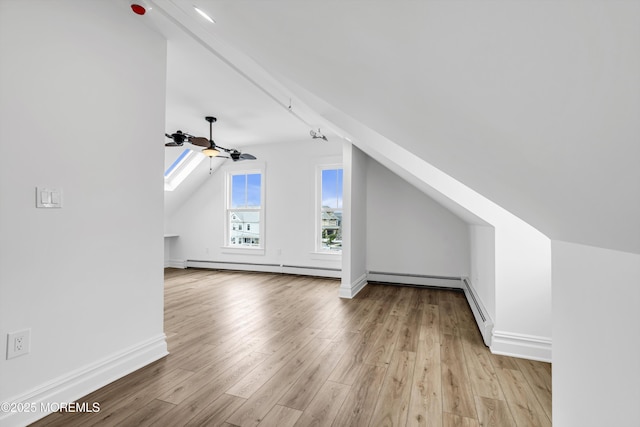 900 Ocean Ave, Bradley Beach, NJ 07720 - additional living space with lofted ceiling, a baseboard radiator, light wood-type flooring, a ceiling fan, and a skylight