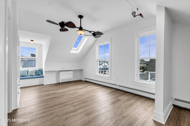 900 Ocean Ave, Bradley Beach, NJ 07720 - additional living space with vaulted ceiling, a skylight, baseboard heating, wood finished floors, and ceiling fan