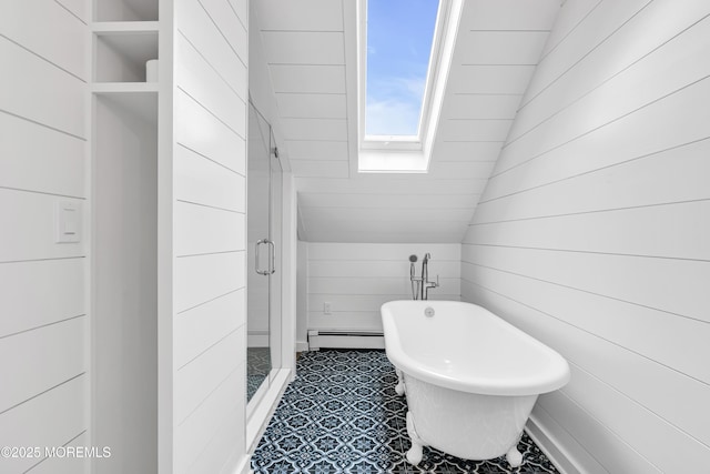 900 Ocean Ave, Bradley Beach, NJ 07720 - bathroom with a baseboard heating unit, a skylight, a soaking tub, a shower stall, and wood walls
