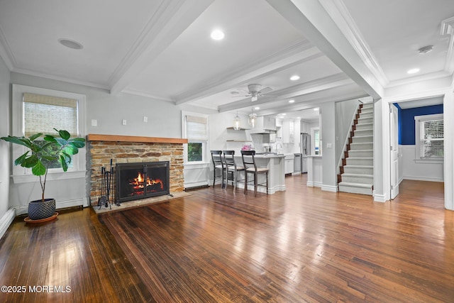 51 Burdge Ave, Brick, NJ 08724 - living room featuring a stone fireplace, wood finished floors, stairway, ornamental molding, and beam ceiling