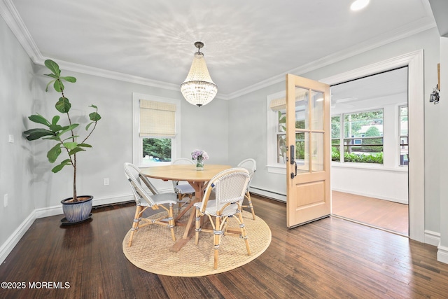 51 Burdge Ave, Brick, NJ 08724 - dining space featuring baseboard heating, hardwood / wood-style flooring, a chandelier, and ornamental molding