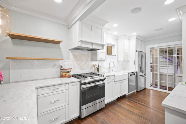 51 Burdge Ave, Brick, NJ 08724 - kitchen with appliances with stainless steel finishes, open shelves, white cabinets, light stone countertops, and backsplash