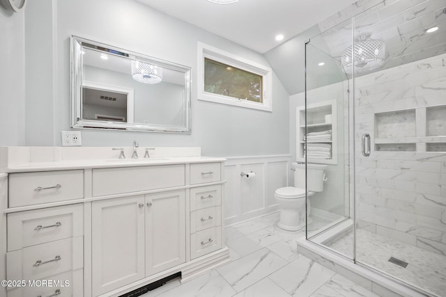 51 Burdge Ave, Brick, NJ 08724 - full bath featuring marble look tile flooring, a stall shower, vanity, a wainscoted wall, and recessed lighting
