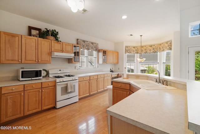 98 Mirage Blvd, Barnegat, NJ 08005 - kitchen featuring white appliances, under cabinet range hood, glass insert cabinets, light countertops, and light wood-type flooring