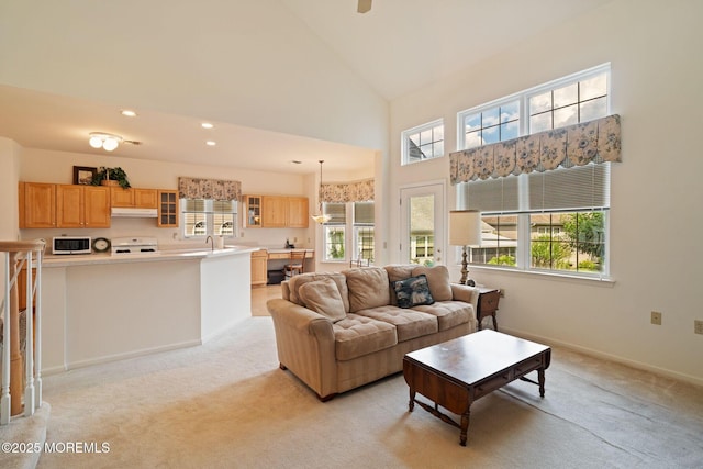 98 Mirage Blvd, Barnegat, NJ 08005 - living room featuring light carpet, high vaulted ceiling, and recessed lighting