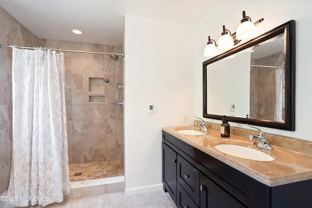 15 Tanglewood Dr, Barnegat, NJ 08005 - bathroom with double vanity, a tile shower, and tile patterned floors