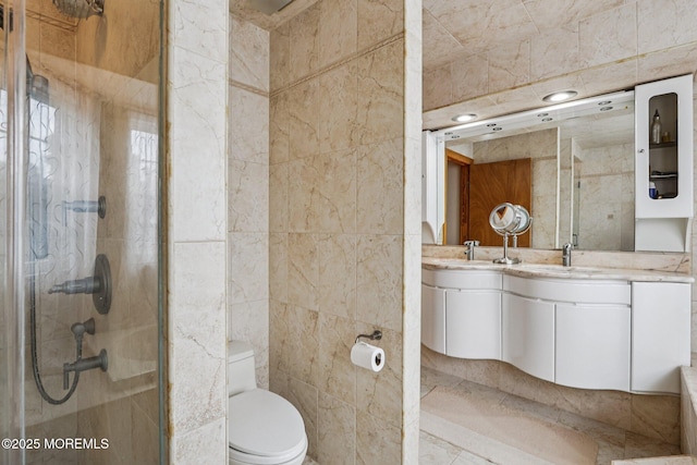 149 Jefferson Dr, Ocean Twp, NJ 07712 - bathroom with tile walls, a shower stall, and double vanity