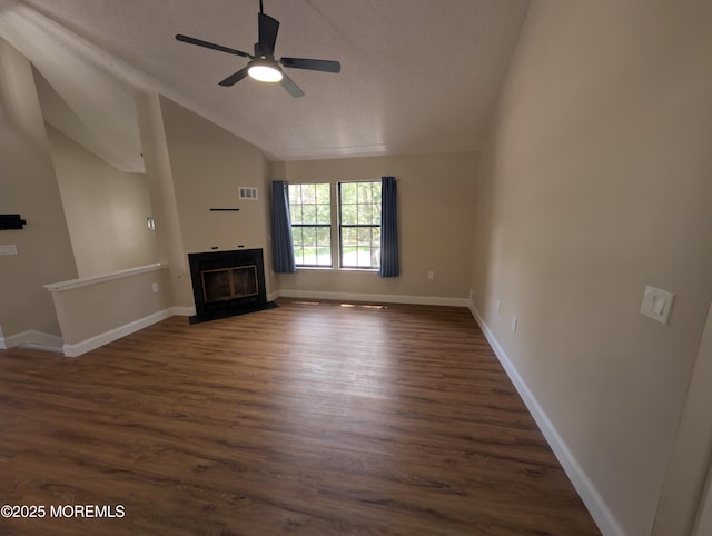 101 Begonia Ct, Jackson, NJ 08527 - unfurnished living room featuring vaulted ceiling, a fireplace, ceiling fan, and dark wood-style floors