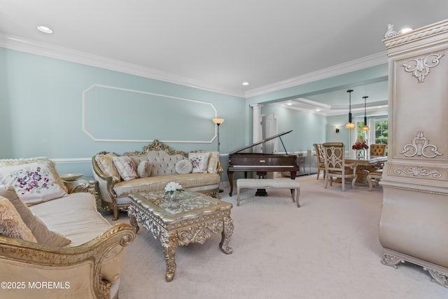 1 Hopkinson Ct, Marlboro, NJ 07746 - carpeted living room featuring ornamental molding, recessed lighting, and ornate columns