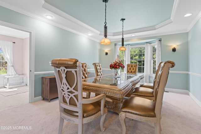 1 Hopkinson Ct, Marlboro, NJ 07746 - dining area with light carpet, ornamental molding, healthy amount of natural light, a tray ceiling, and recessed lighting