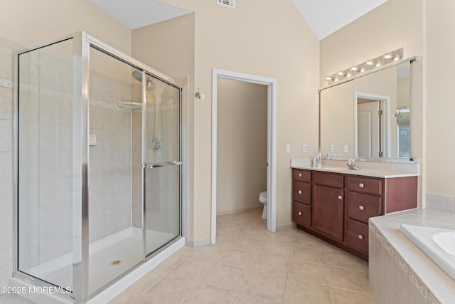 1 Hopkinson Ct, Marlboro, NJ 07746 - bathroom featuring a shower stall, a garden tub, vanity, tile patterned flooring, and vaulted ceiling