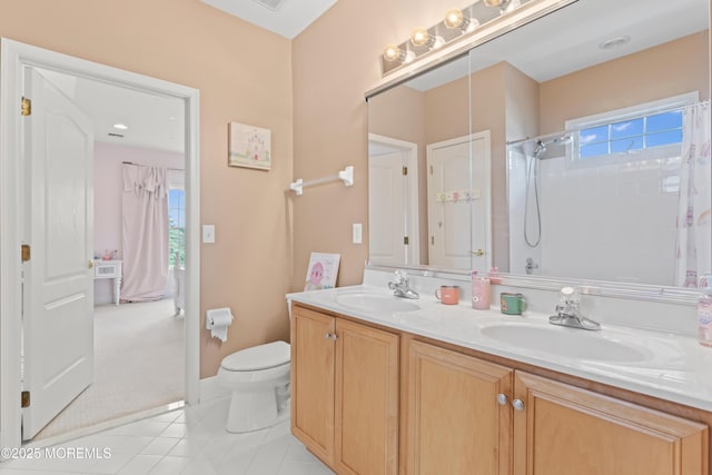 1 Hopkinson Ct, Marlboro, NJ 07746 - bathroom with double vanity, a shower with curtain, and tile patterned flooring