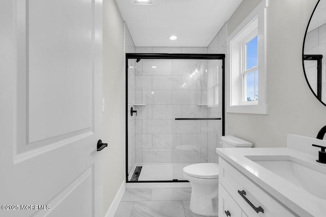 629 Monmouth Ave, Toms River, NJ 08757 - bathroom featuring marble finish flooring, a shower stall, vanity, and recessed lighting