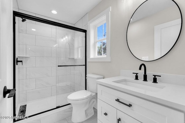 629 Monmouth Ave, Toms River, NJ 08757 - full bathroom with marble finish floors, vanity, a stall shower, and recessed lighting