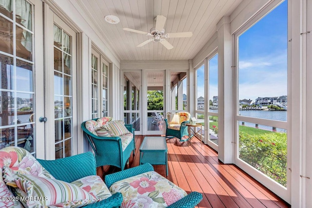 787 Princeton Ave, Brick, NJ 08724 - sunroom / solarium with a water view, french doors, and ceiling fan