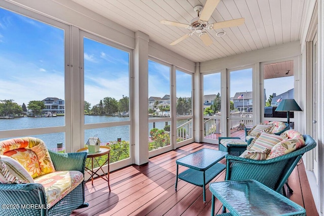 787 Princeton Ave, Brick, NJ 08724 - sunroom featuring a water view, ceiling fan, hardwood / wood-style flooring, and wood ceiling