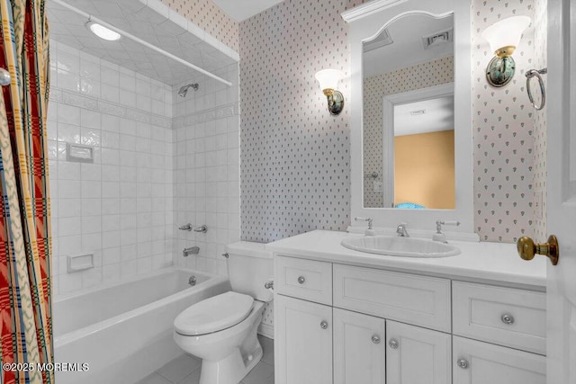 787 Princeton Ave, Brick, NJ 08724 - bathroom with wallpapered walls, shower / tub combo, vanity, and tile patterned flooring