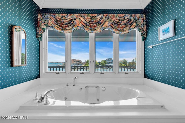 787 Princeton Ave, Brick, NJ 08724 - bathroom featuring wallpapered walls, a whirlpool tub, and a water view
