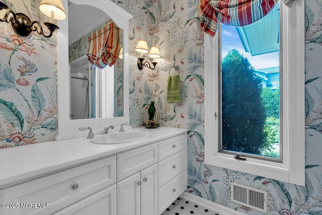 787 Princeton Ave, Brick, NJ 08724 - bathroom featuring wallpapered walls, vanity, healthy amount of natural light, a shower, and a chandelier