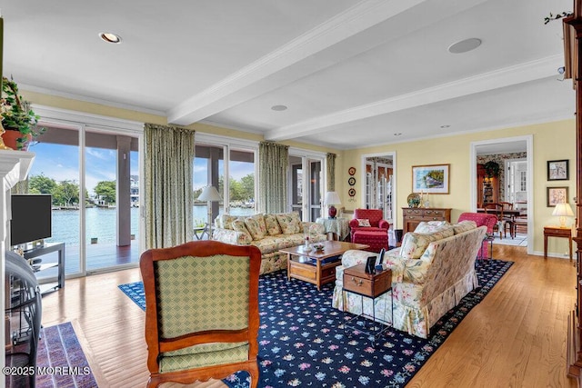 787 Princeton Ave, Brick, NJ 08724 - living room with wood finished floors, beam ceiling, crown molding, and recessed lighting