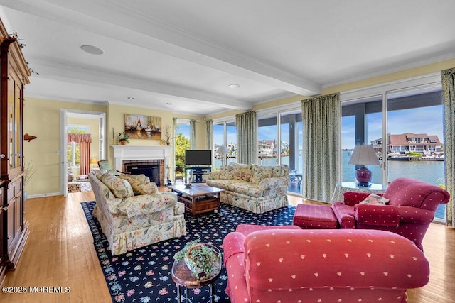 787 Princeton Ave, Brick, NJ 08724 - living area with beamed ceiling, ornamental molding, wood finished floors, and a brick fireplace