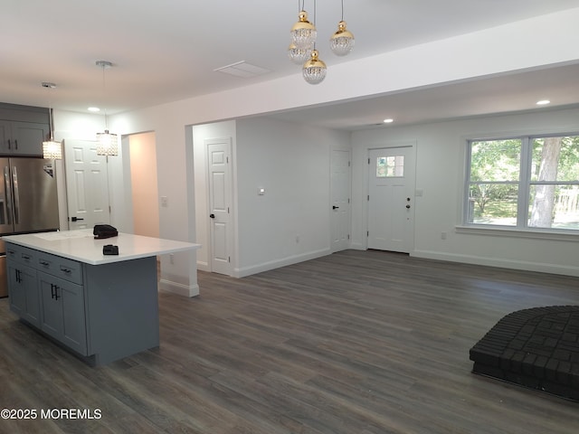 414 Oak Tree Rd, Freehold, NJ 07728 - kitchen with gray cabinetry, stainless steel fridge with ice dispenser, dark wood finished floors, light countertops, and recessed lighting