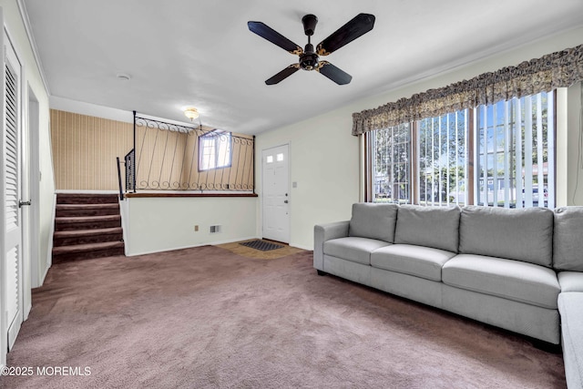 3 Colorado Dr, Hazlet, NJ 07730 - living room with carpet flooring, ceiling fan, and stairs