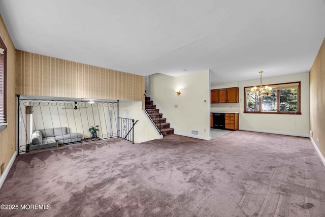 3 Colorado Dr, Hazlet, NJ 07730 - unfurnished living room with a chandelier, carpet flooring, wallpapered walls, and stairway