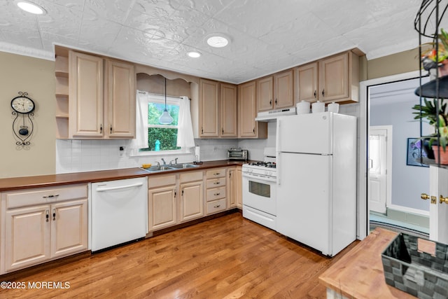 1914 Oak Dale Rd, Toms River, NJ 08753 - kitchen with white appliances, under cabinet range hood, open shelves, light wood-style floors, and decorative backsplash