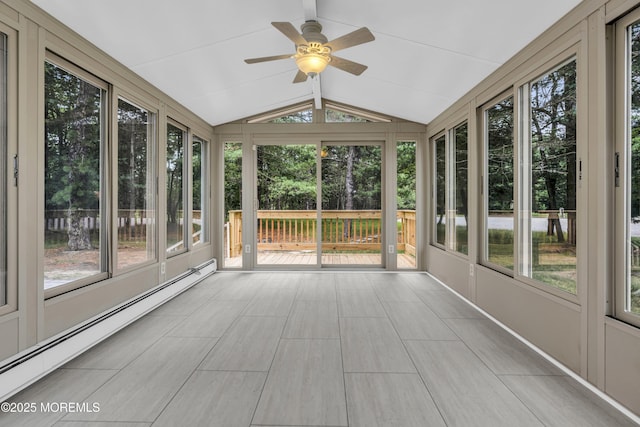 925 Edgebrook Dr N, Toms River, NJ 08757 - unfurnished sunroom featuring a baseboard radiator, vaulted ceiling, and a ceiling fan
